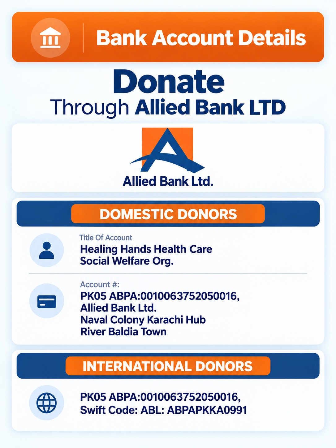 Healing Hands Allied Bank account details for domestic and international donors