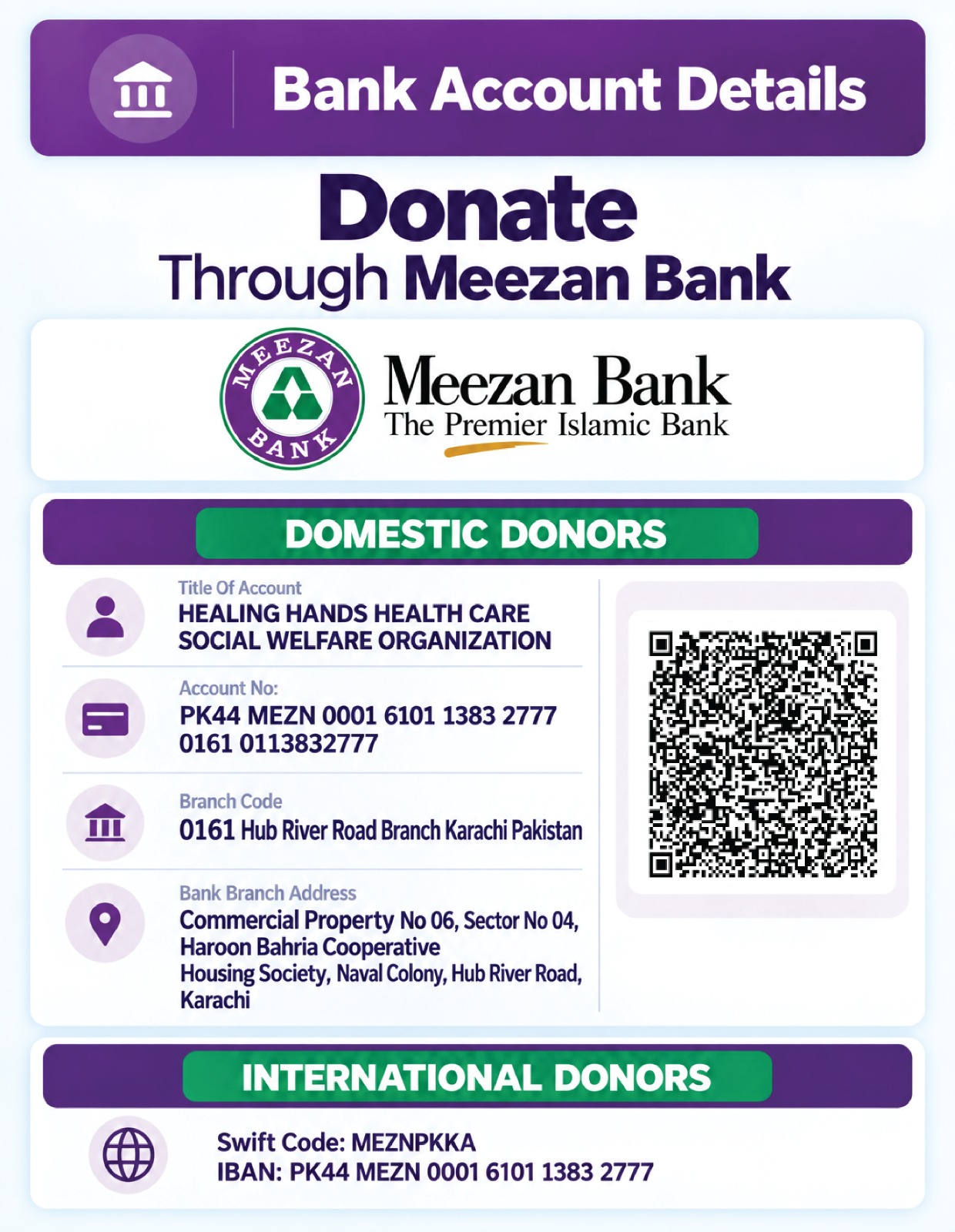 Healing Hands Meezan Bank account details for domestic and international donors with donation QR code